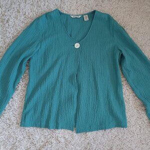 Orvis Medium Teal Crinkle Knit Cardigan One Button Lightweight Travel Jacket